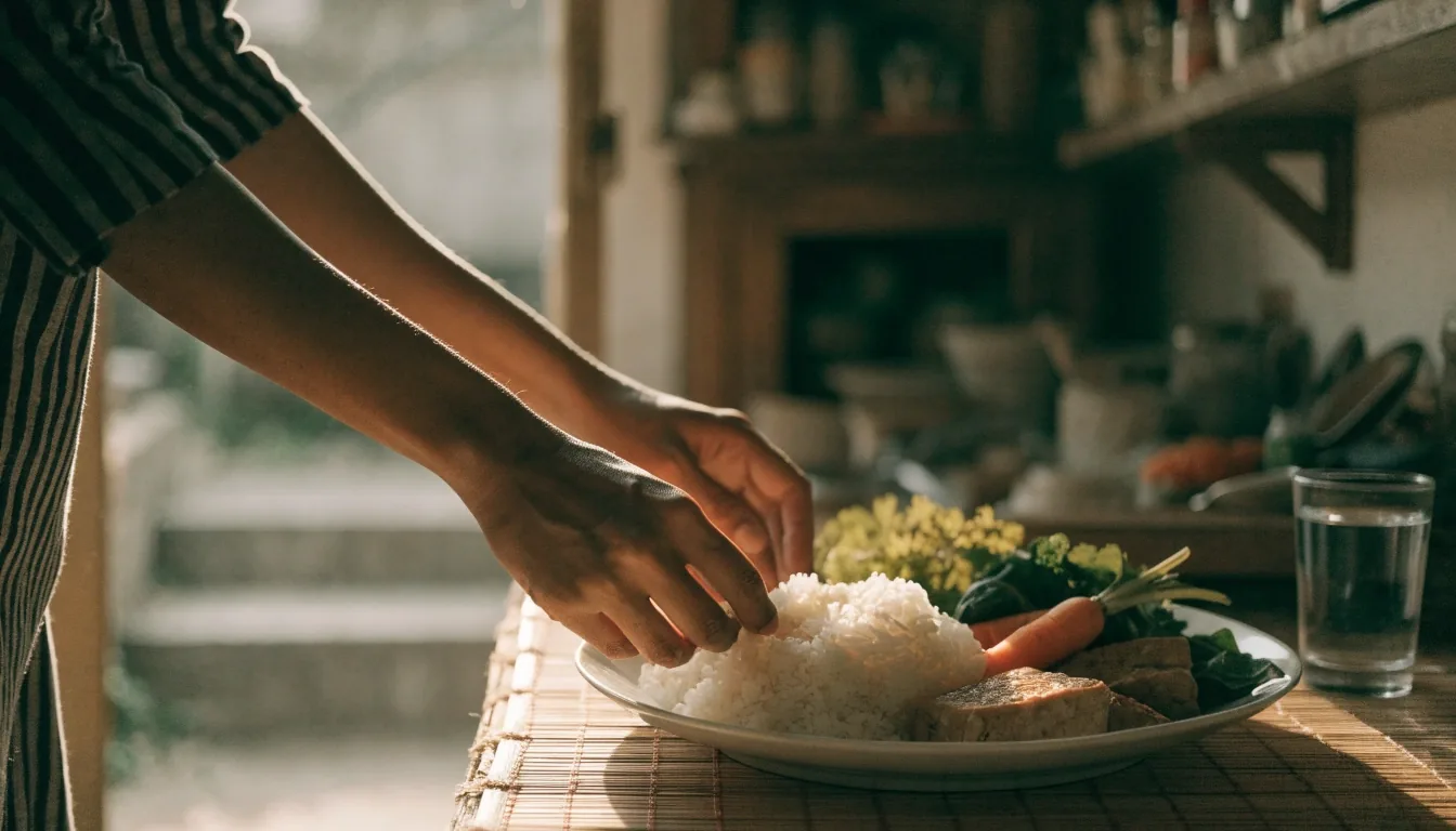 An overhead plate divided into vegetables, rice, fish and tempeh with water beside it