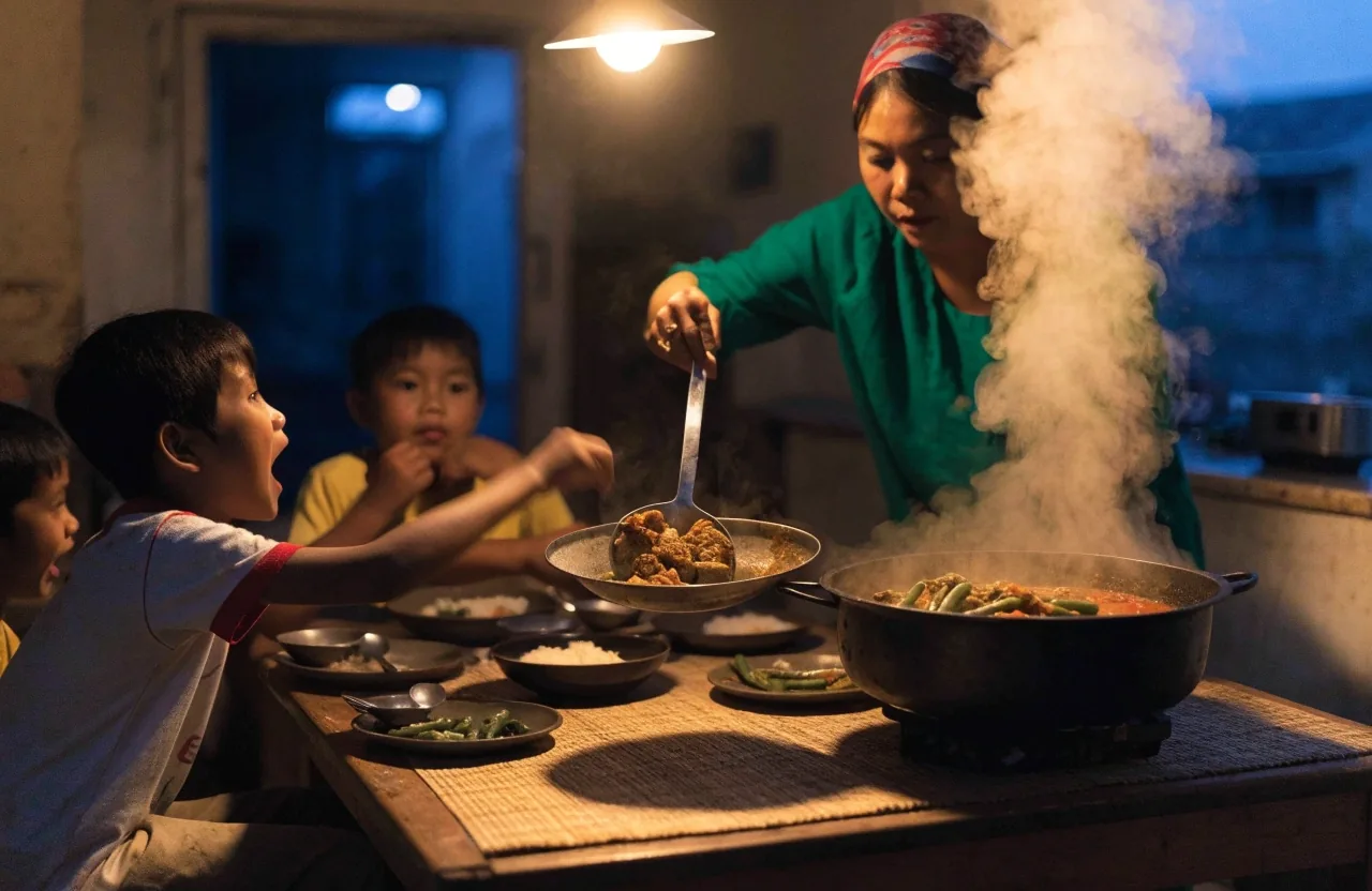A large serving bowl of an Indonesian family vegetable and tempeh dish on a wooden kitchen table with plates and a serving spoon beside it