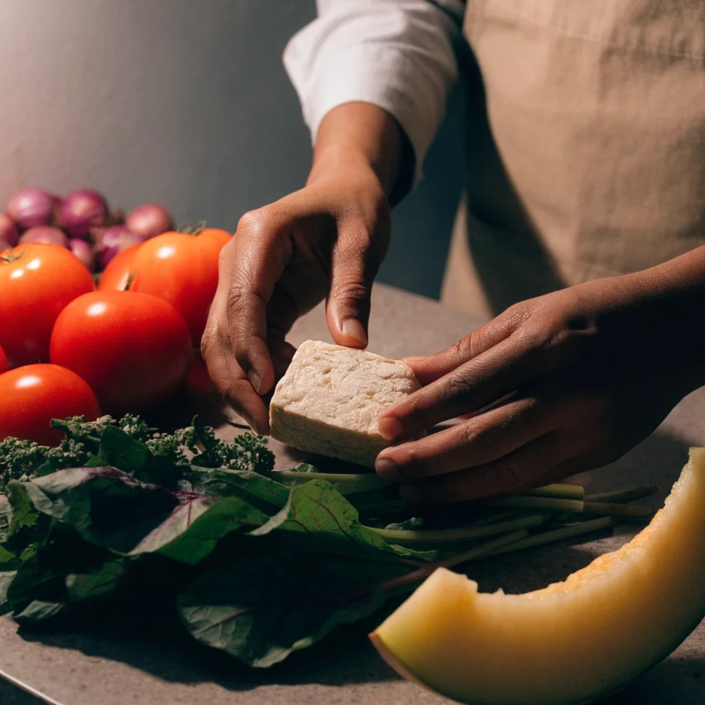 Fresh Indonesian market produce including tempeh, leafy greens, tomatoes, shallots, melon and chili arranged on a neutral grey surface