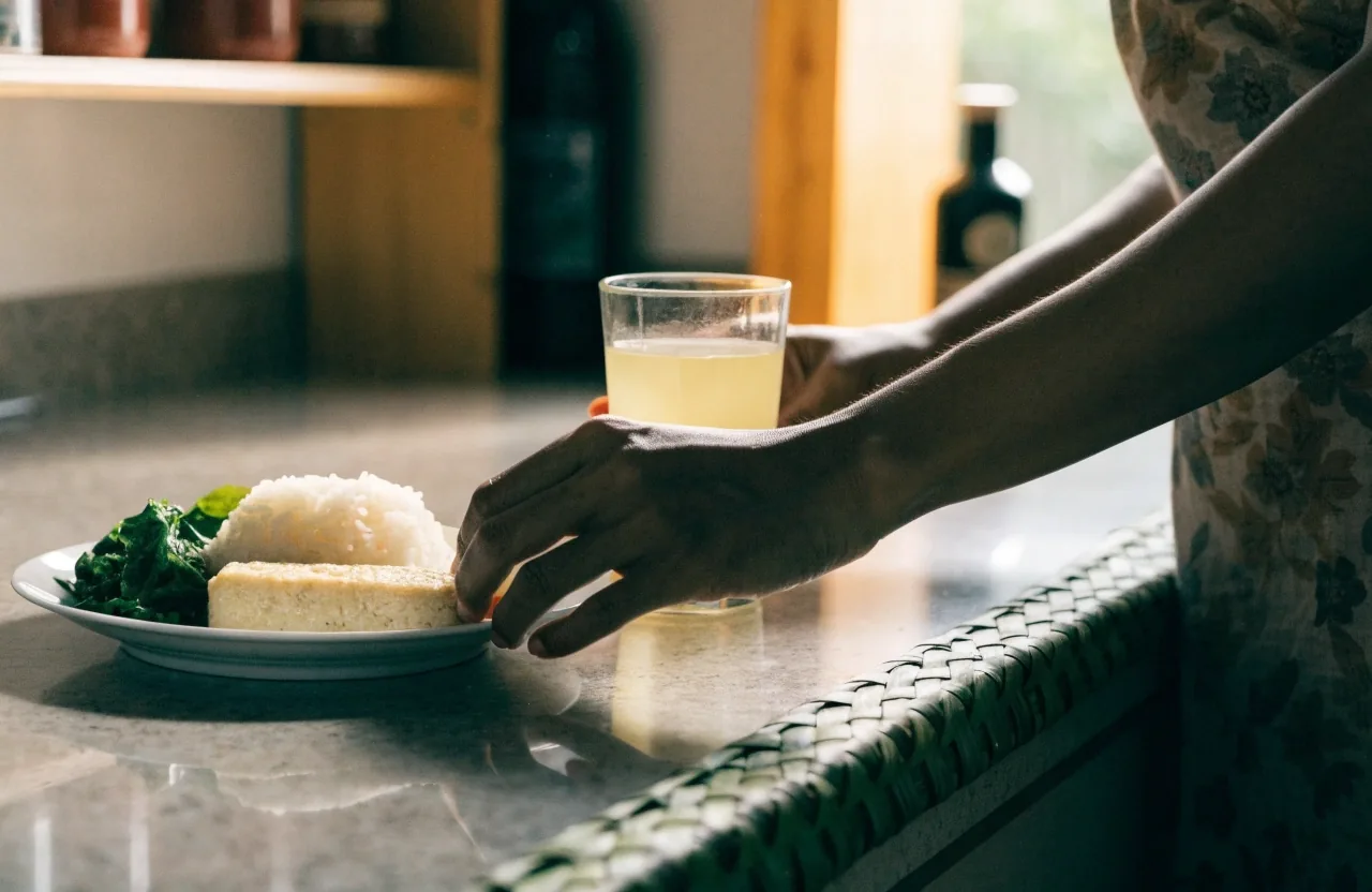 An Indonesian midday meal of rice, vegetables, grilled fish and tempeh arranged on a woven mat
