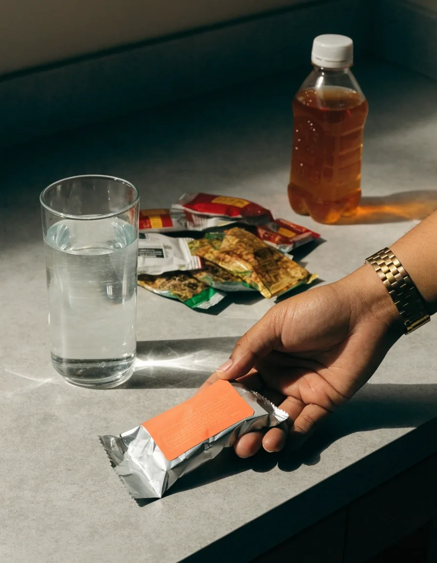 Everyday packaged drinks and snacks set beside a glass of water on a grey surface
