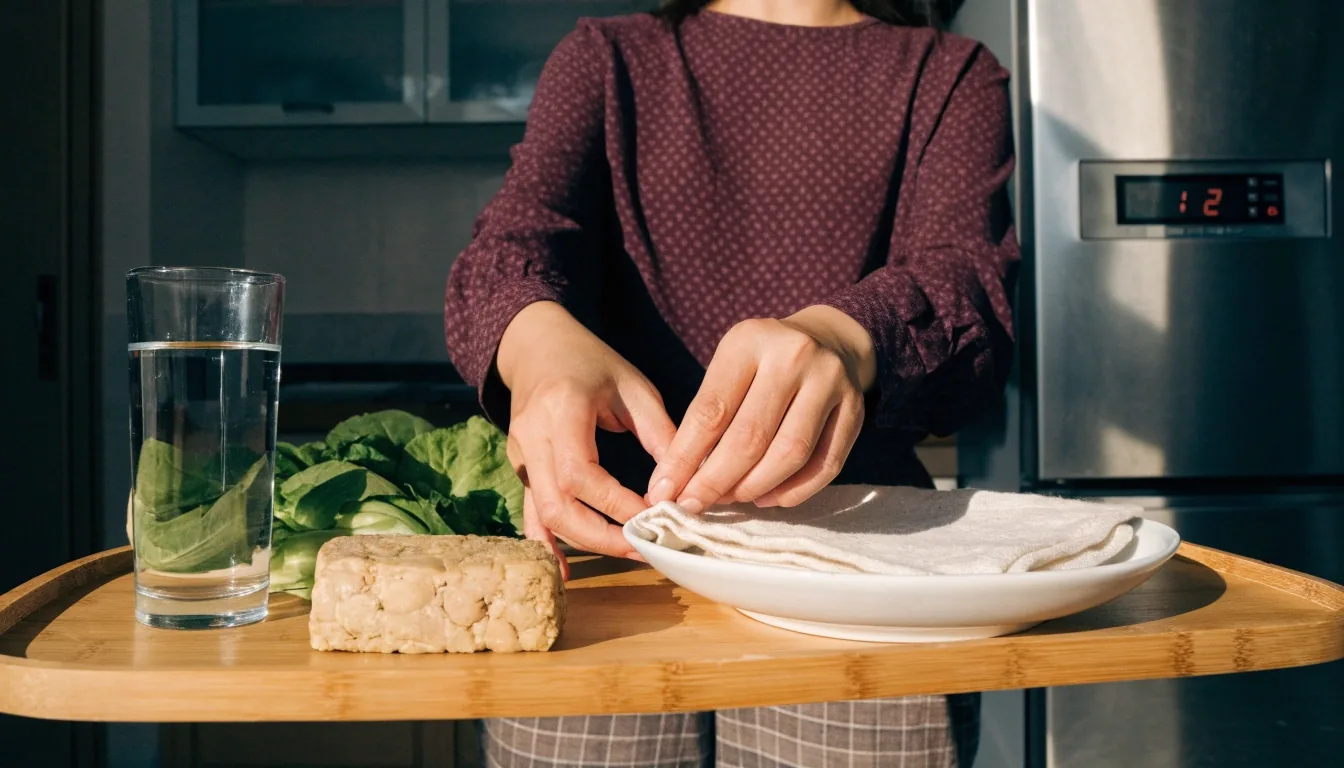 Hands arranging a covered plate, cloth, glass of water and fresh greens on a kitchen counter before an online nutrition consultation