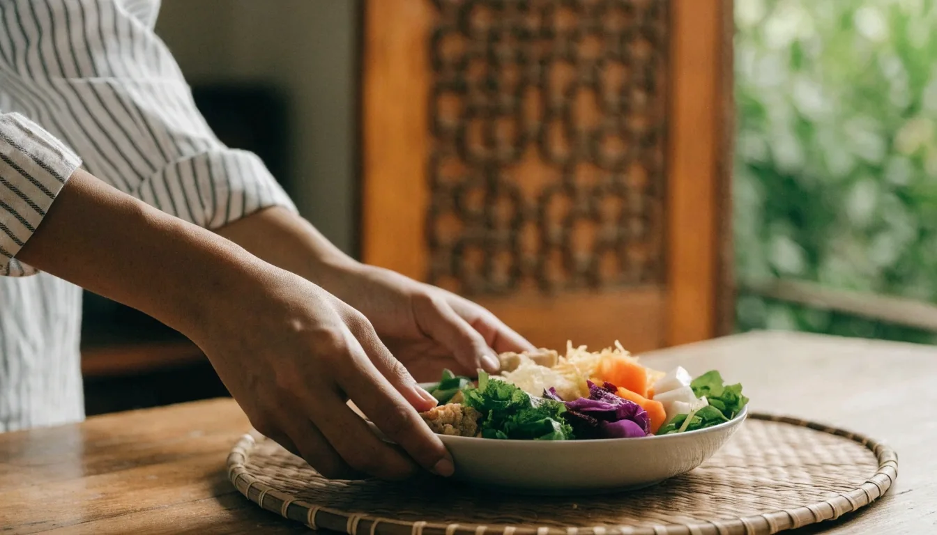 A dietitian's hands arranging fresh vegetables and tempeh on a kitchen surface