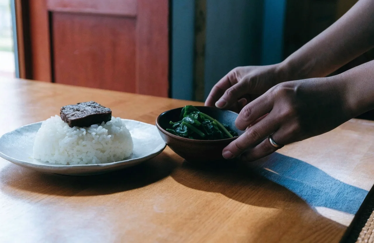 An overhead view of a prepared plate of rice, vegetables, fish and tempeh on a woven mat