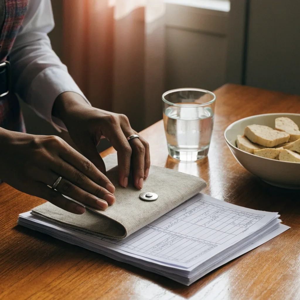 A dietitian's desk with a neat stack of consultation intake pages, a linen folder, a glass of water, and prepared produce on a plain wall